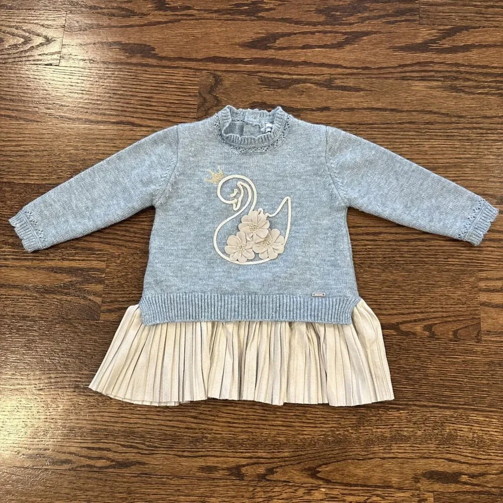Mayoral Baby Girls Blue and Cream Knit Combined Dress with SWAN Applique